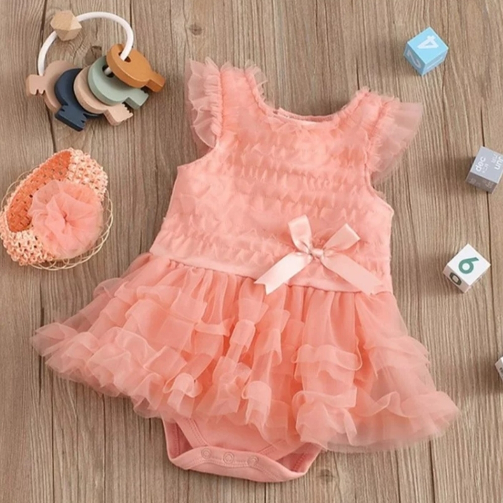First Birthday Coral Romper Tutu Dress Cake Smash Girls Jumper & Headband Set